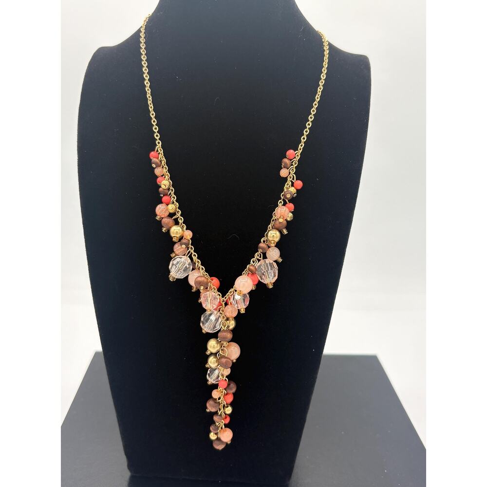 Vintage Avon Statement Necklace – Cascading Coral & Gold Bead Pendant